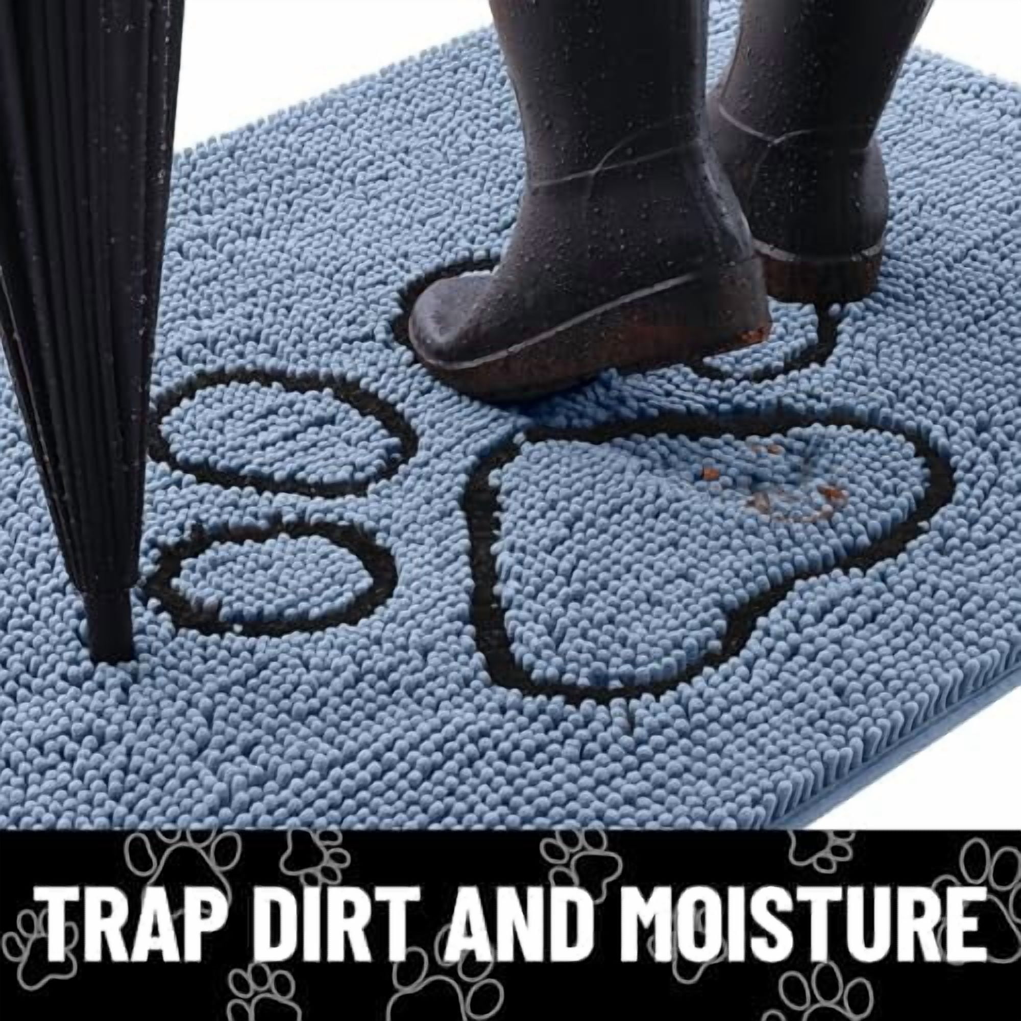Dog Door Mat for Muddy Paws, Absorbent Dirt Trapper Non Slip Quick Dry Washable Chenille Mat for Mud Dogs, Entry Rug for Indoor and Outdoor (36x24 Inches, Airy Blue and Black)