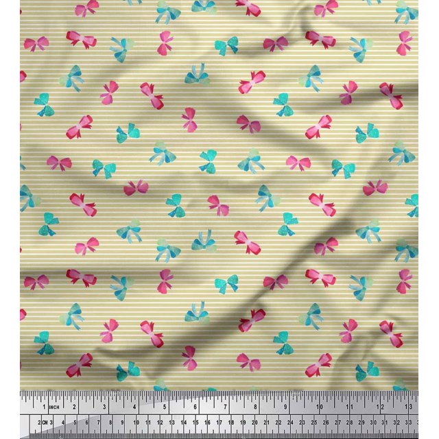 Soimoi Beige Silk Fabric Bow & Stripe Printed Craft Fabric by the Yard 42 Inch Wide