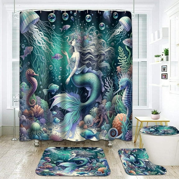 Cute Mermaid 4PCS Shower Curtain Sets-Coral Octopus Bathroom Set Accessories with Non-Slip Rug,Toilet Lid Cover,Bath Mat,12 Hooks-72x72in-Ocean Waterproof Curtains-Home Decor Girls Women Gifts