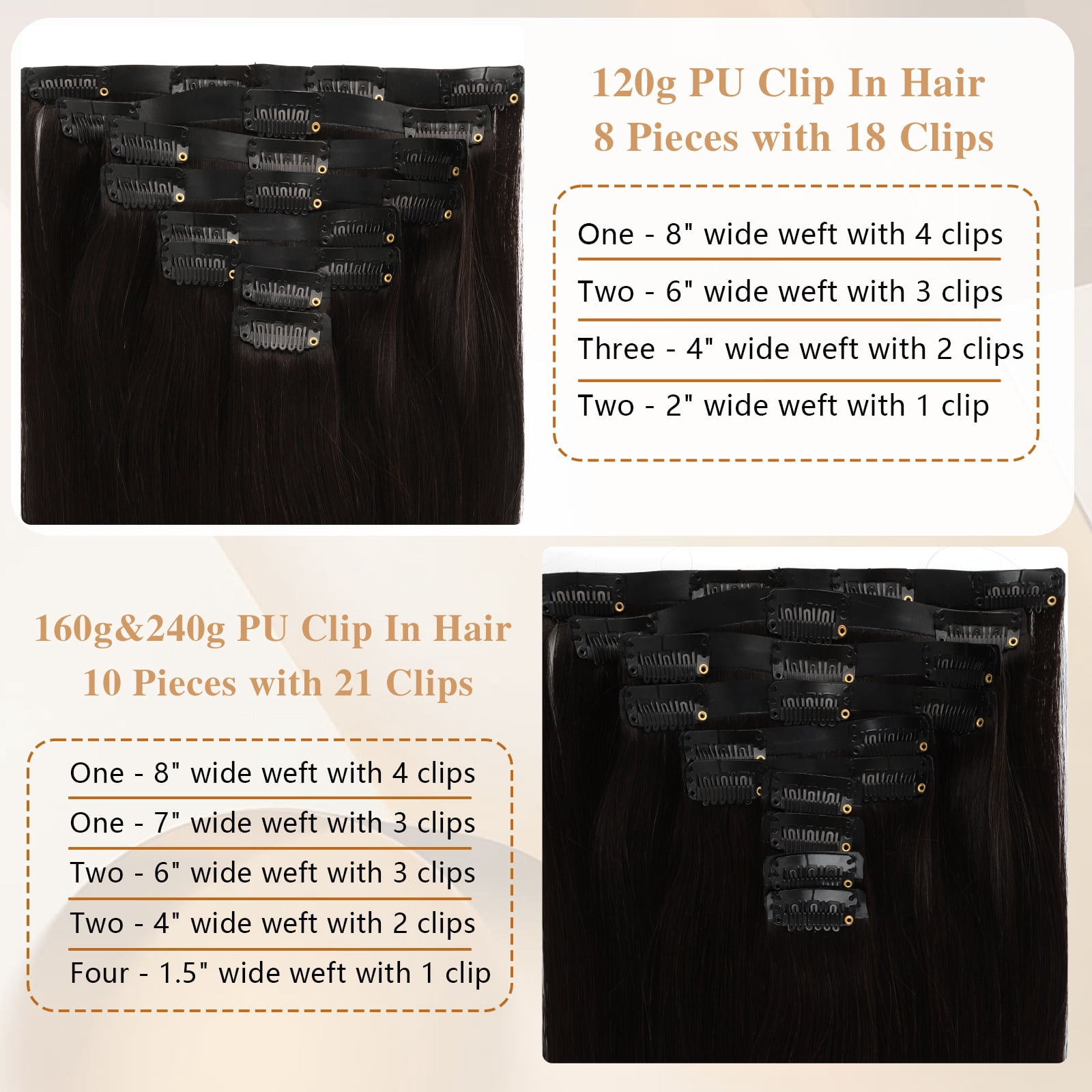 PU Clip In Hair Extensions 1B# 240g 22inch
