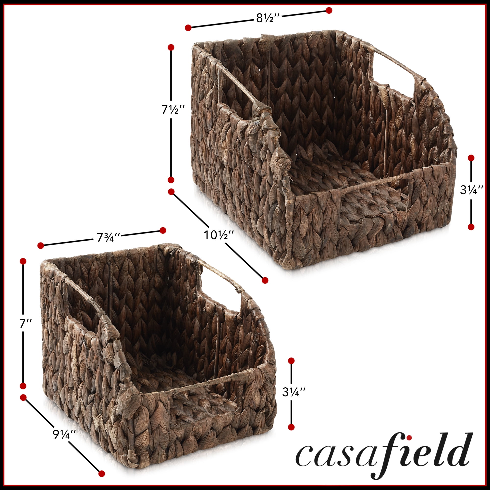 Casafield (Set of 2) Water Hyacinth Pantry Baskets with Handles - Espresso, Medium and Large Size Woven Storage Baskets for Kitchen Shelves
