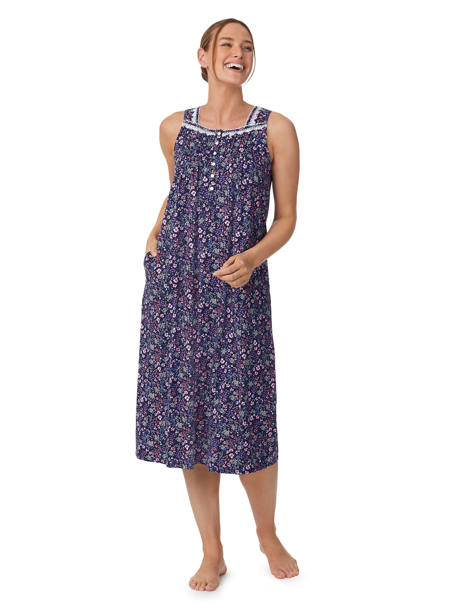 Aria Women's Sleeveless Long 100% Cotton Nightgown in 46", Sizes XS to 5X