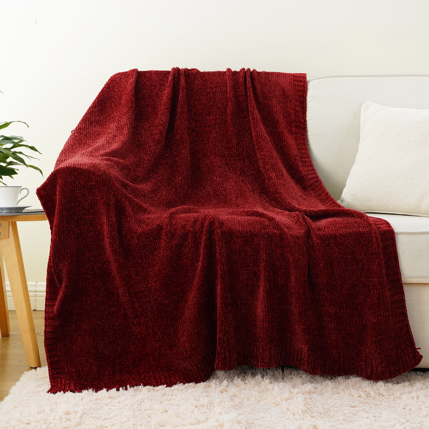 Battilo Burgundy Throw,Chenille Knit Dark Red Blanket,Christmas Decor,Housewarming Gifts,51"x67"