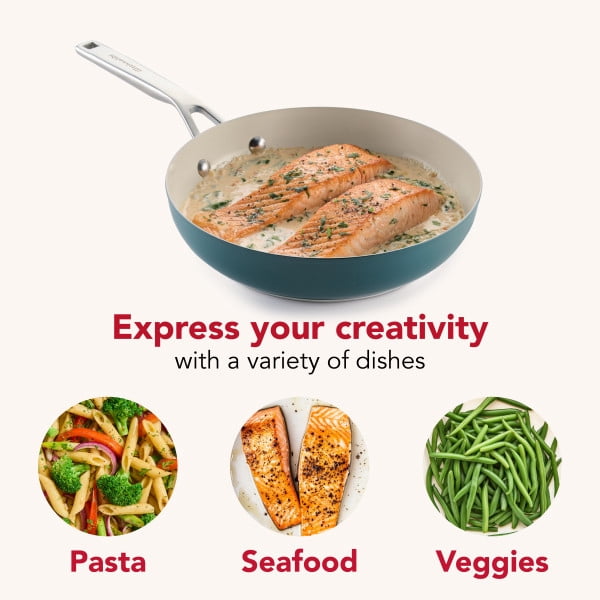 KitchenAid 9.5" Color-Finished Stainless Steel 3-Ply Base Ceramic Nonstick Frying Pan Dishwasher and Metal Utensil Safe, Induction Suitable and Oven Safe to 500°F, Agave