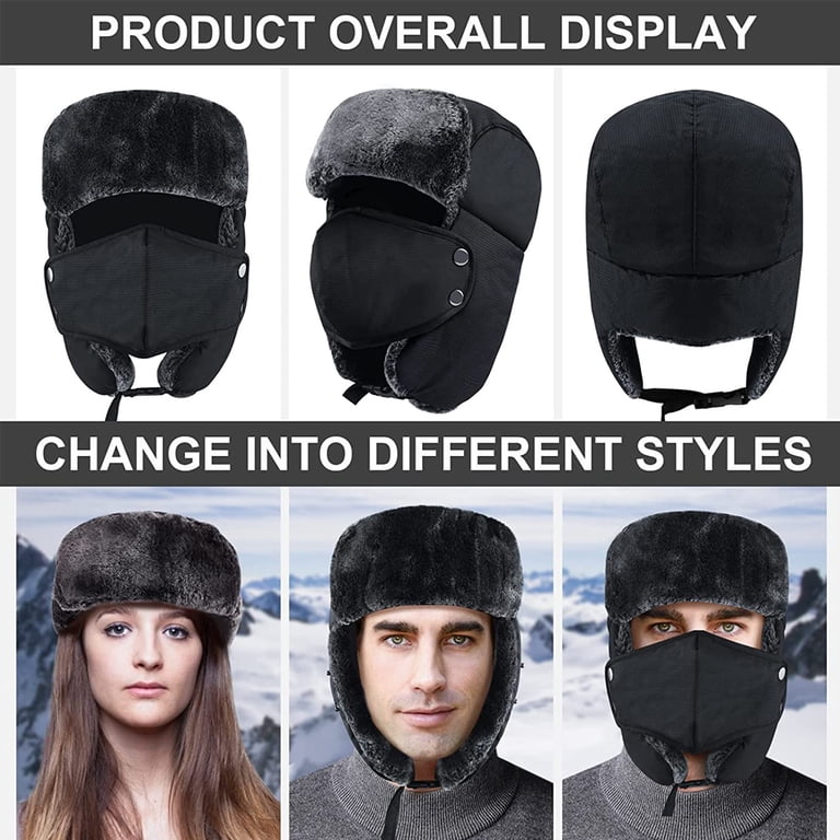 Men\'s Dark Black Trapper Hat, Winter Warm Trooper Hats with Ear Flaps and Mask 8102udngZXL._AC_UY350_.jpg main image 3