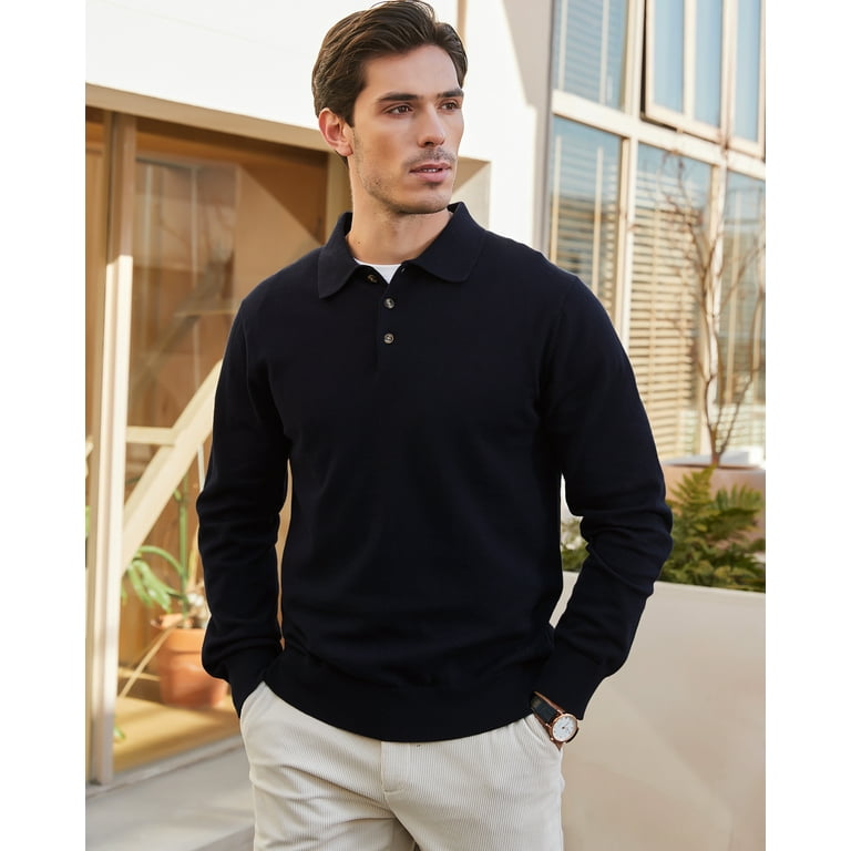 Kallspin Men s Cotton Knit Polo Sweater Business Casual Long Sleeve Pullover Sweater Black 2X Large