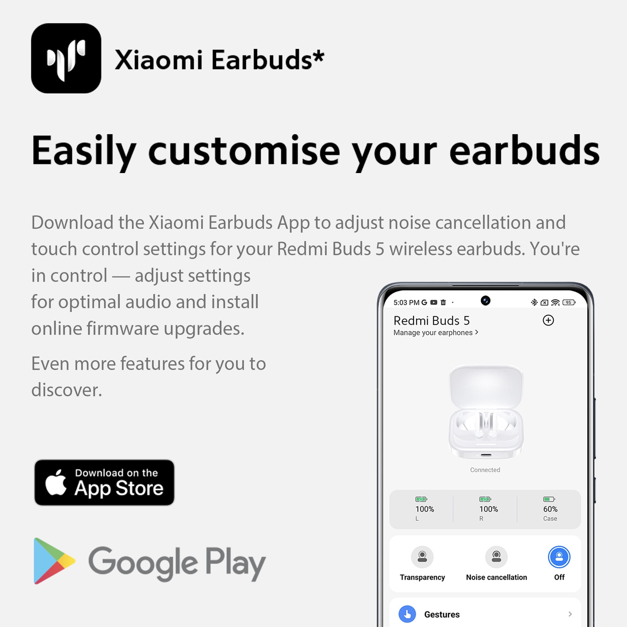 Xiaomi Redmi Buds 5 Active Noise Canceling Wireless In Ear Earbuds with Charging Case, Black