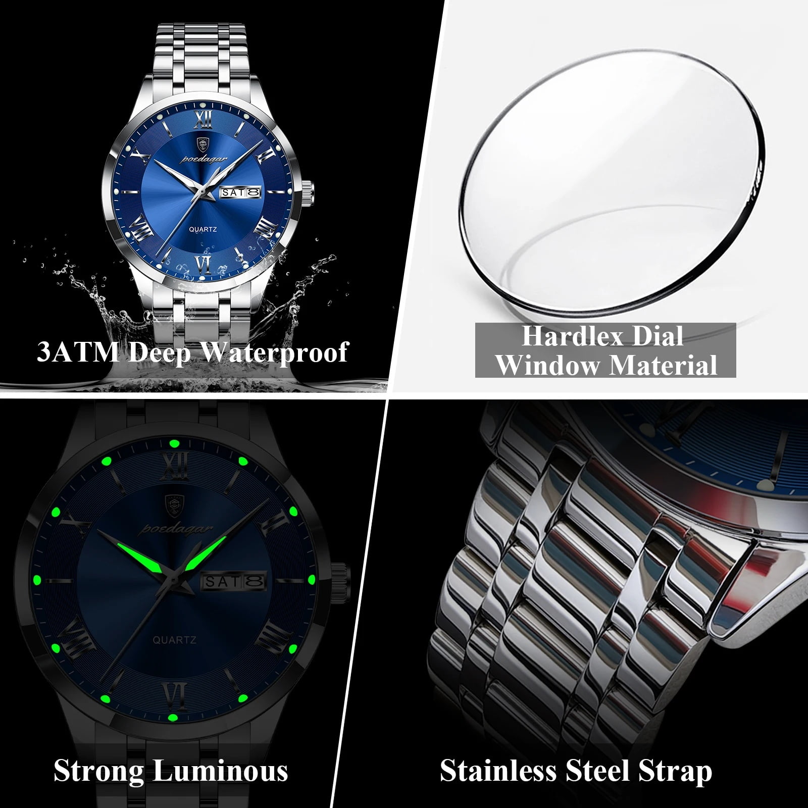 POEDAGAR Fashion Stainless Steel Men's Quartz Watches Waterproof Luminous Week Date Sports Man Wrist Watch