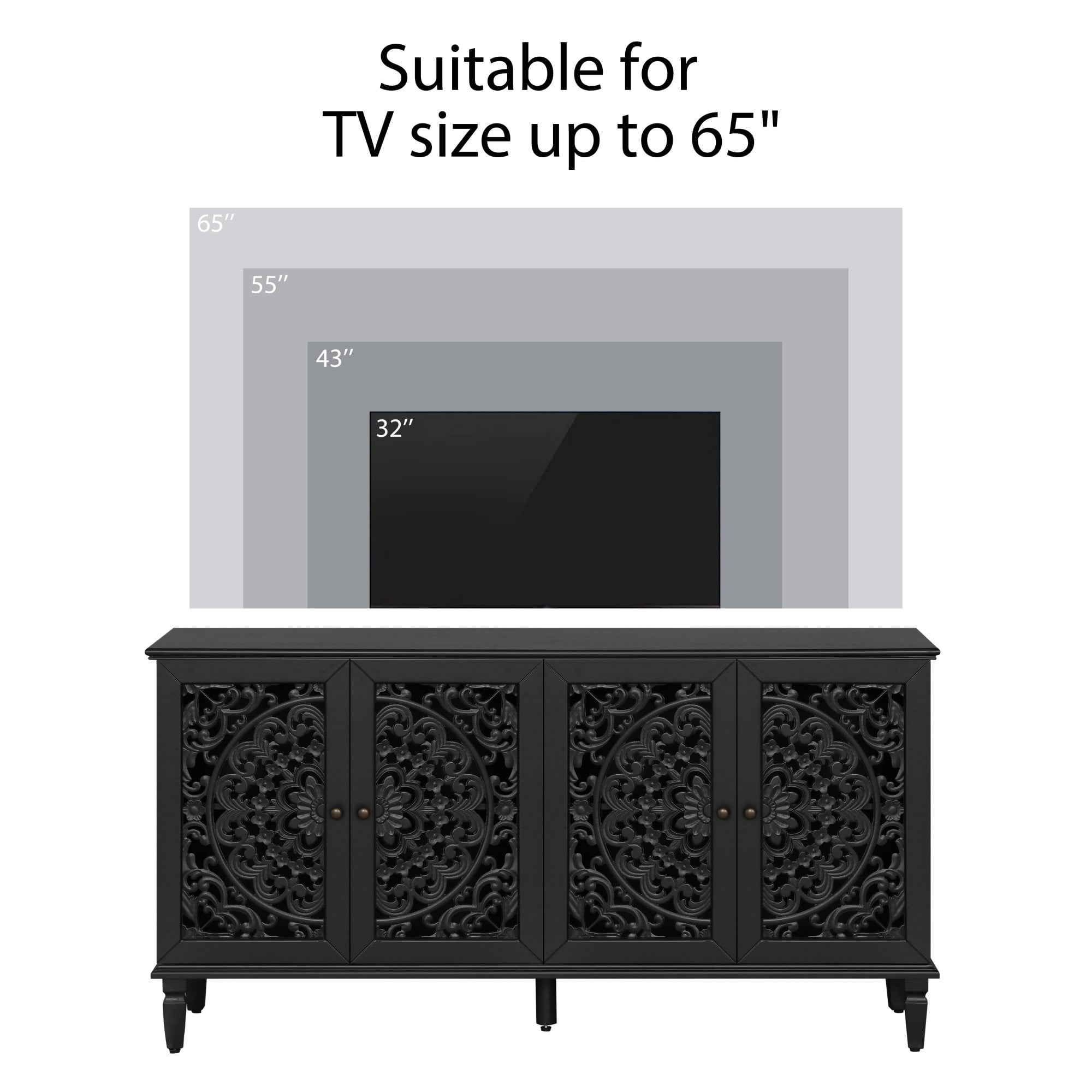 60" Antique Buffet Cabinet with Floral Carved Doors, TV Stand for 65 Inch TV, Sideboard Cabinet with Adjustable Shelves, Black