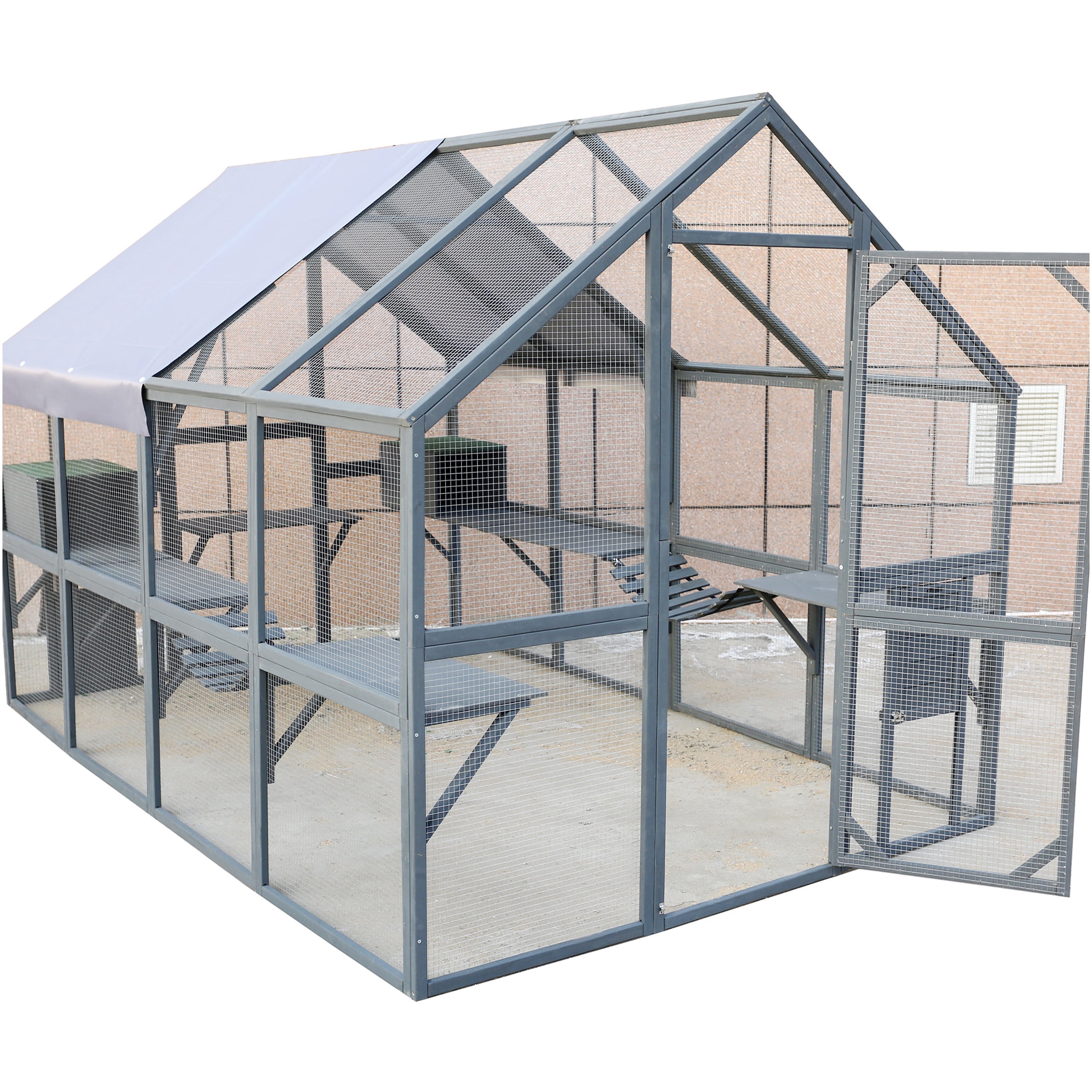 JERFIT Large 110" Outdoor Catio Enclosure with Roof, 2 Bridges & 2 Houses - Gray Wooden Cat Run for Indoor/Outdoor Cats