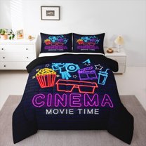 Manfei Cartoon Popcorn Cinema Full Size Comforter Sets,Moive Time Bedding Comforter Set,Purple Blue Black Bedding Sets For Kids,Ultra Soft Home Decor Reversible,3 Pieces