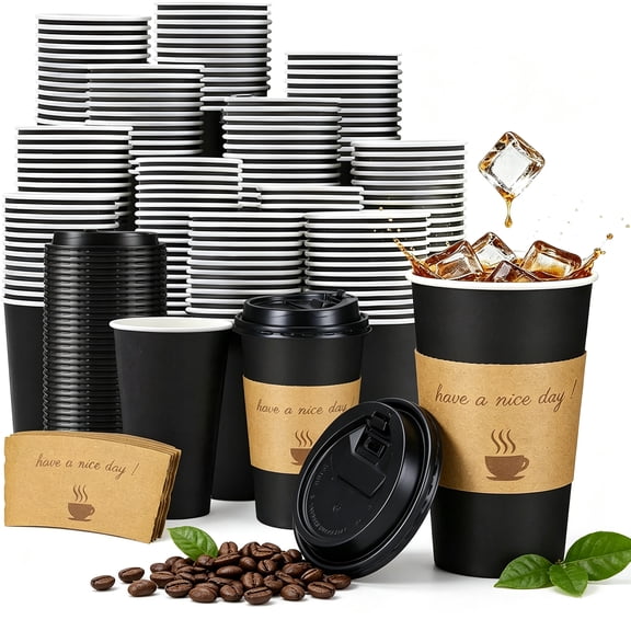 Lamosi 100 Pack 16 oz Coffee Cups, Disposable Paper Cups with Lids and Sleeves, Black To Go Hot Cups