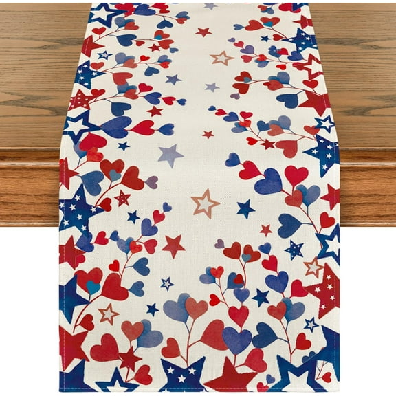 Blue Red Stars Patriotic 4th of July Table Runner, Seasonal Kitchen Dining Table Decoration for Home Party Decor 13x72 Inch