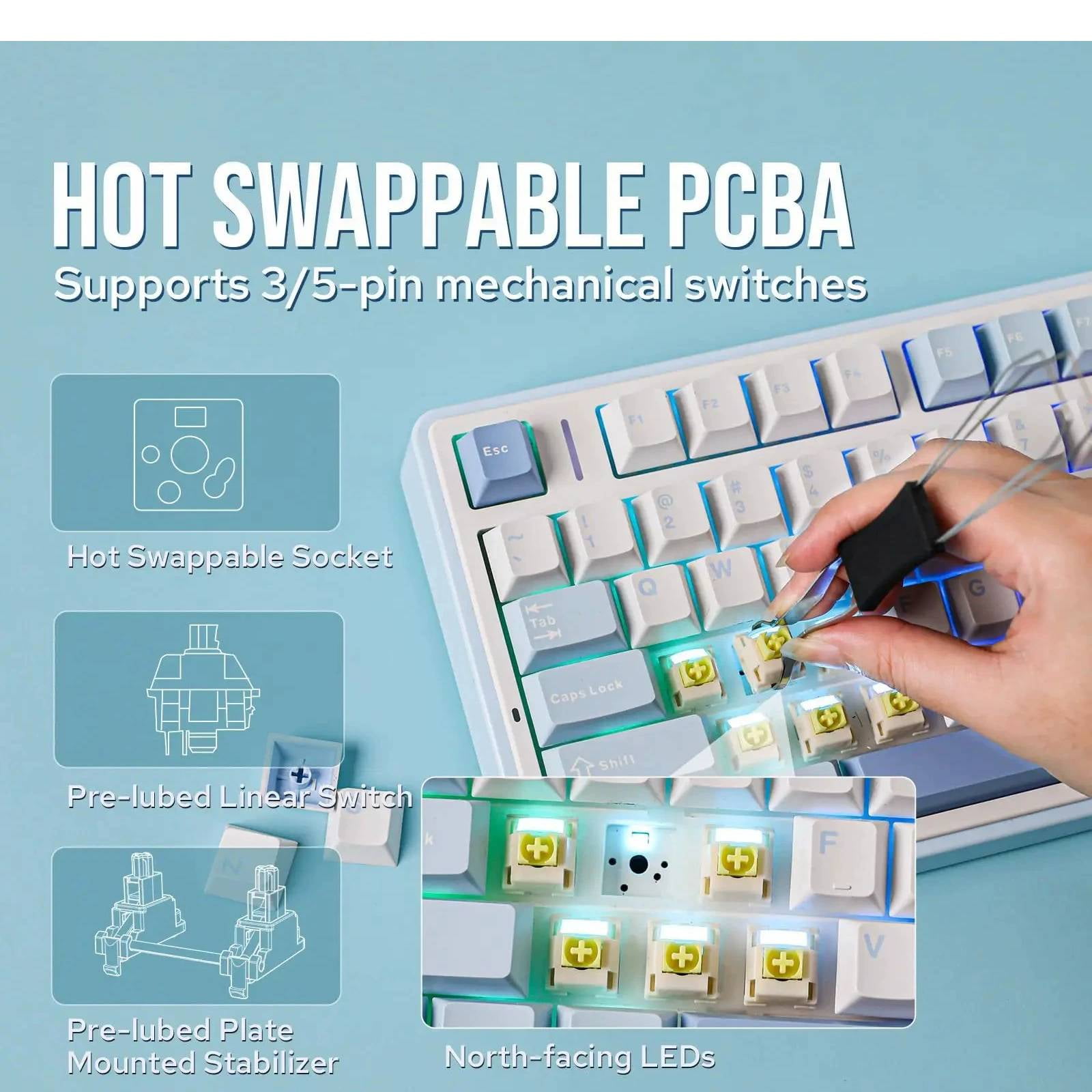 AULA F75 Wireless Mechanical Keyboard, Sea Salt Blue, Tri-Mode, 81 Keys, Hot-Swappable Reaper Switches, RGB Backlit, Compact Layout, For PC/Laptop