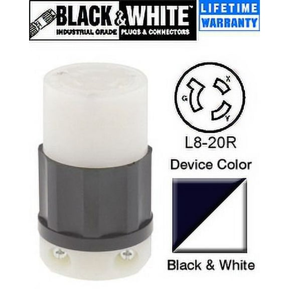 Leviton 2343 20 Amp, 480 Volt, NEMA L8-20R, 2P, 3W, Locking Connector, Industrial Grade, Grounding - Black-White