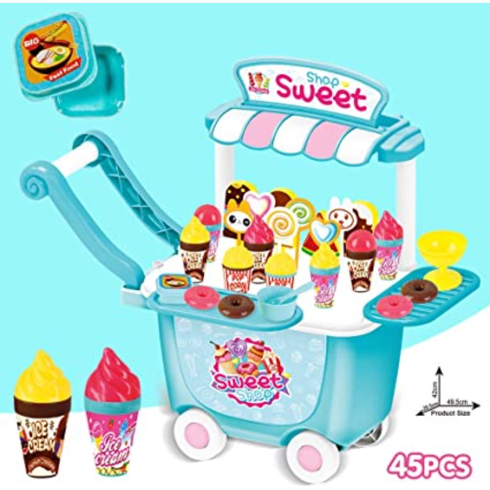 Ice Cream Cart Pretend Play Toys 45 PCS Ice Cream Cart Toys for Kids