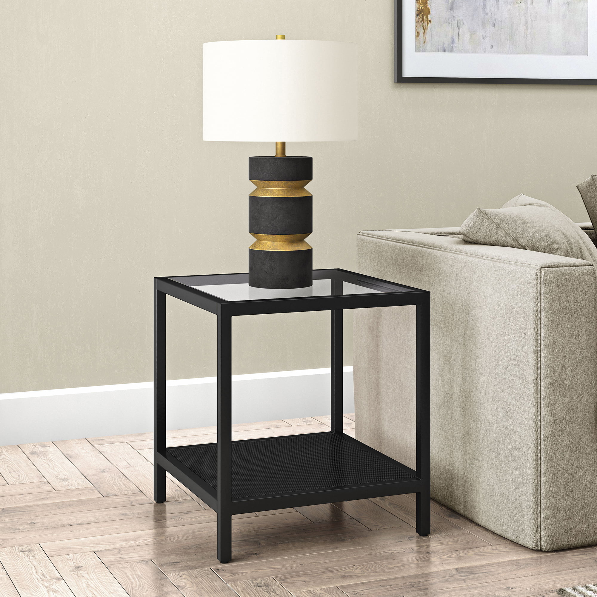 Industrial Glass Side Table with Perforated Metal Storage Shelf for