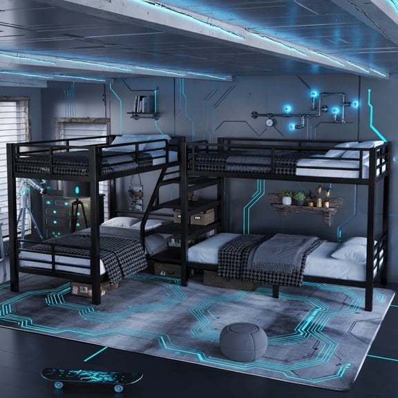 Twin L-Shaped Metal Bunk Bed with Storage Shelves, Space Saving Corner Bunk Bed with Safety Guardrail, Black