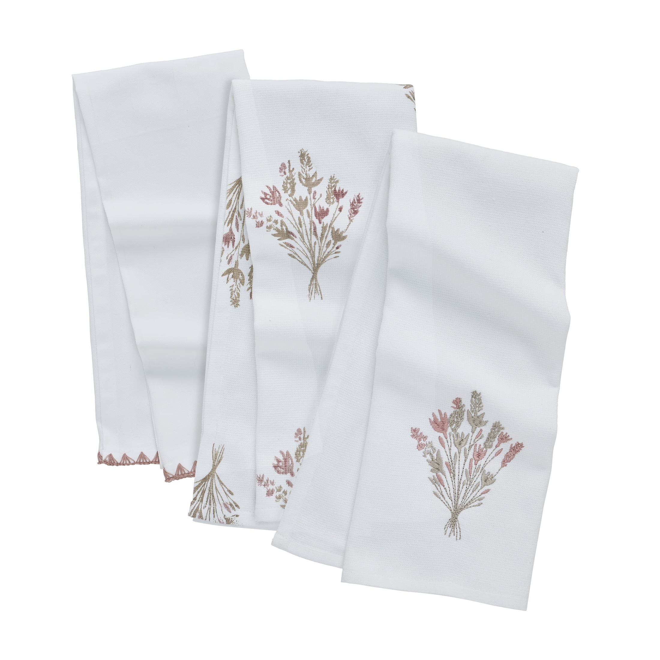 My Texas House Floral 16" x 28" Cotton Kitchen Towels, 3 Pieces, White
