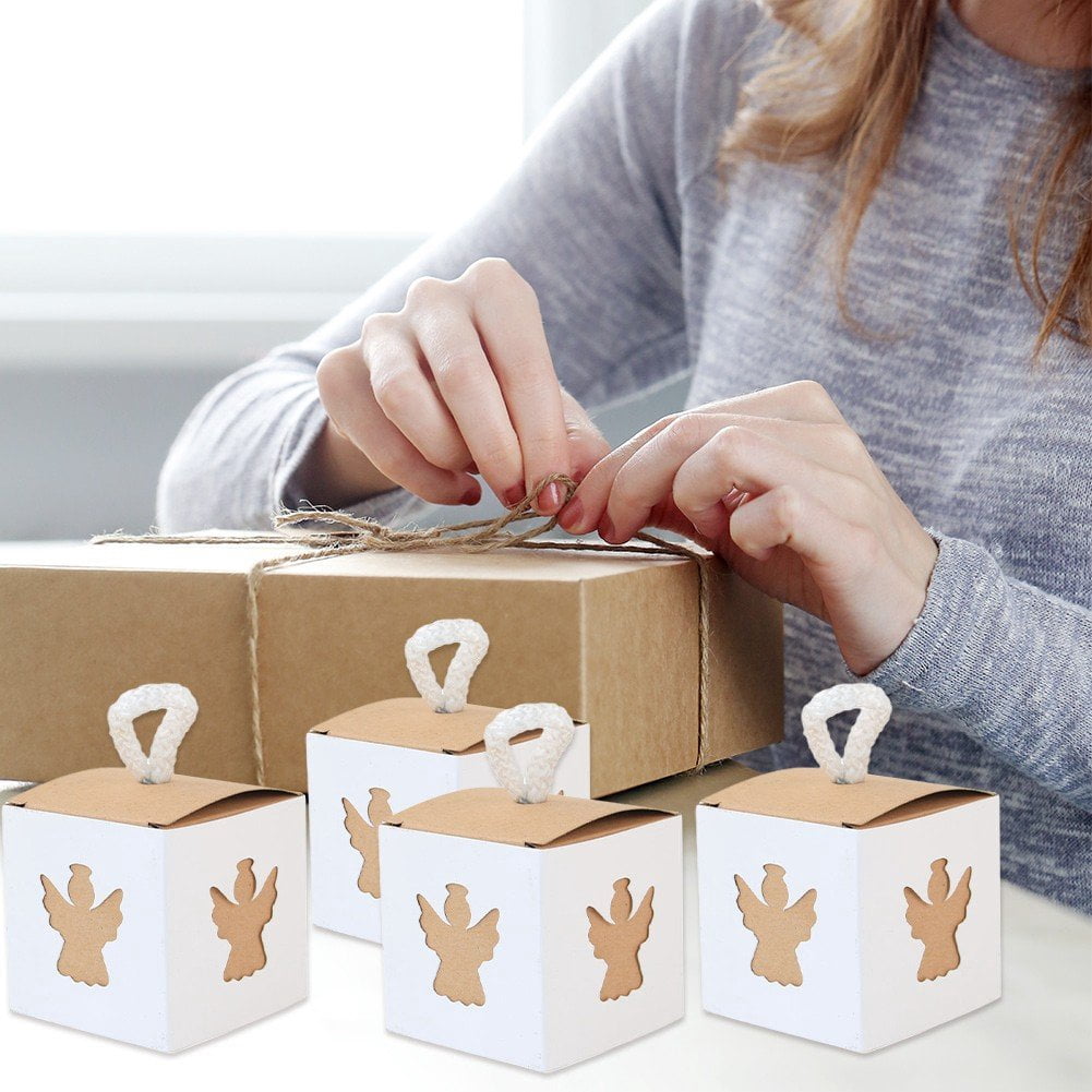 Vjnyvs 50pcs Candy Treat Box First Communion Christening Decor Baptism Favor Boxes Laser Cut Hollow Angel Favor Gift Box for Wedding Baby Shower Party