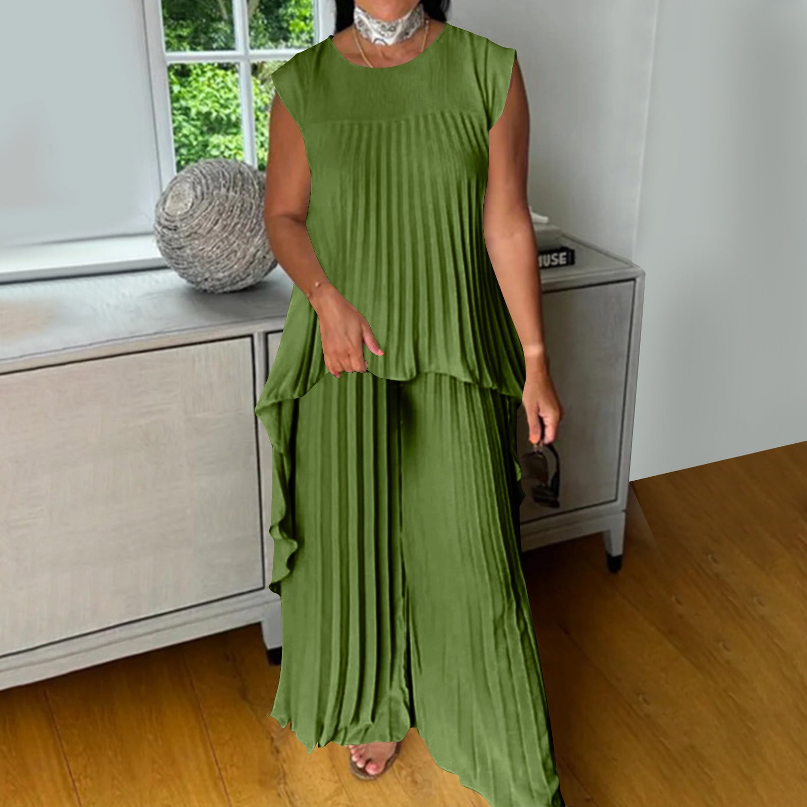 2 Piece Outfits for Women Dressy Pleated Wide Leg Pants Set - Asymmetric Hem Loose Tunic Tops Matching Lounge Sets