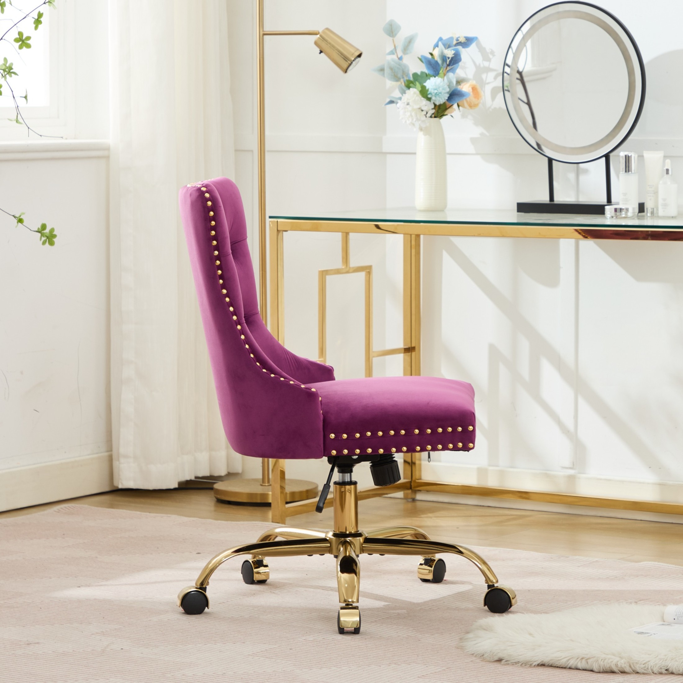 Noble House Velvet Office Chair, Tufted Adjustable Desk Chair with Gold Metal Base, 360° Swivel, Purple
