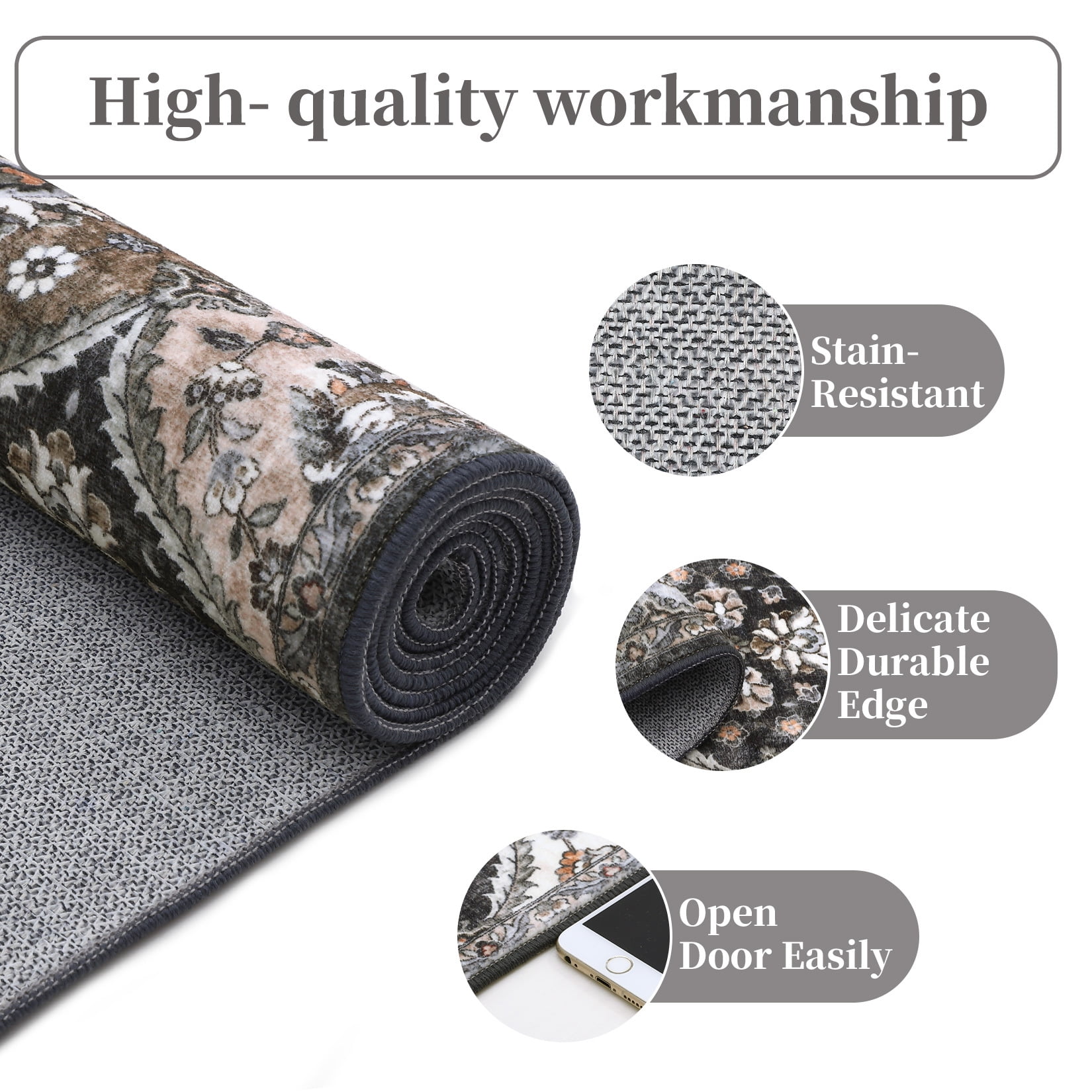 Aoile Washable Runner Rugs 2' x 6', Moroccan Trellis Rug Non-slip Stain Resistant Accent Rug Vintage Distressed Floral Floor Cover Carpet for Hallway Entryway, Grey/Brown