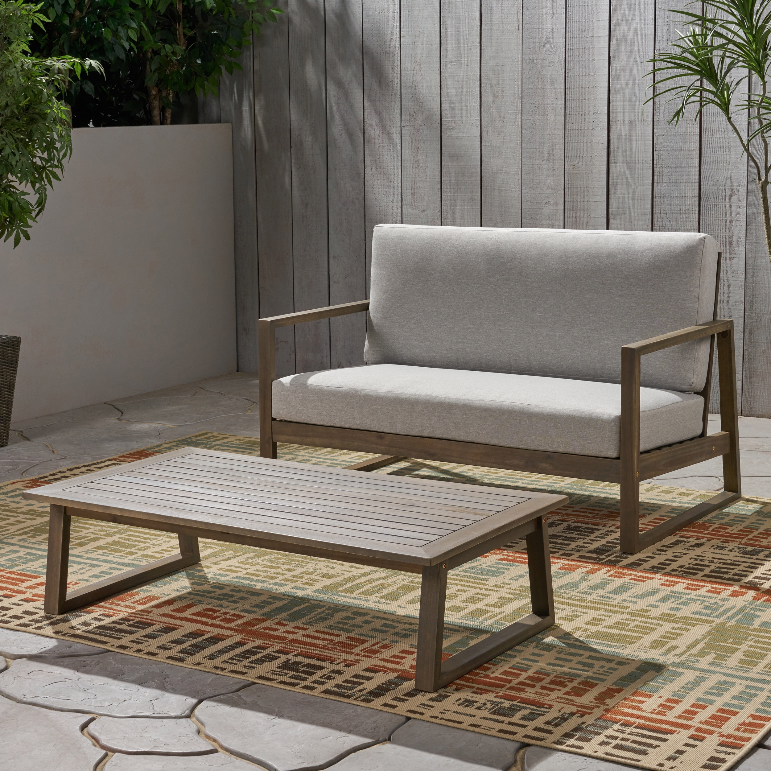 Outdoor Double Sofa and Coffee Table Leisure Set, Acacia Wood Frame Combination Furniture for Patio Garden, Gray and Light Gray