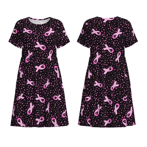 Horeoi Breast Cancer Awareness3 Print Women's Short Sleeve Dress Breathable Polyester-Spandex All-Over Print A-Line Side Pockets Elastic Waist
