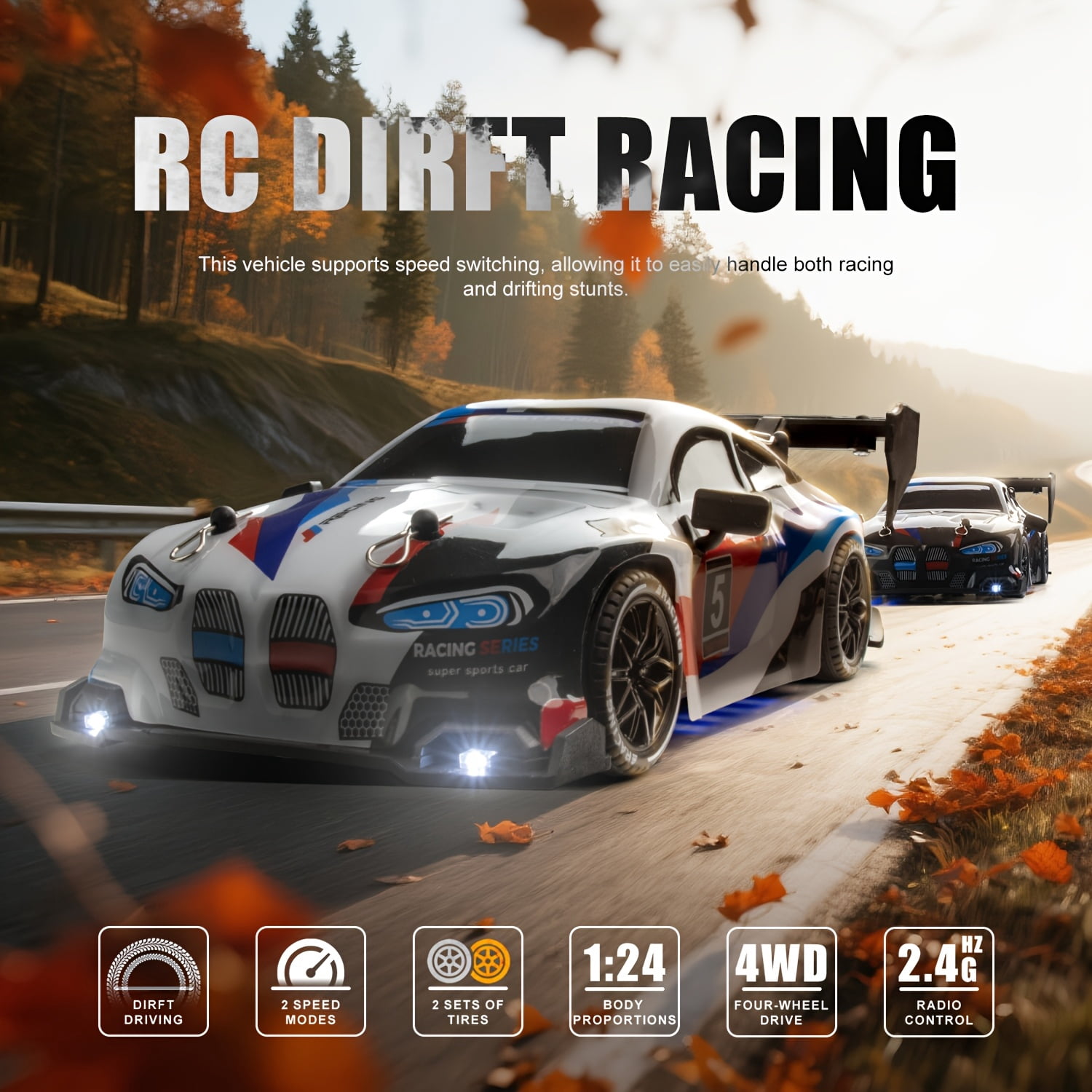 ATJIA 1:24 Scale 4WD Remote Control Cars Vehicle RC Drift Car 2.4GHz 30KM/H High Speed Racing Sport Toy Cars with LED Lights