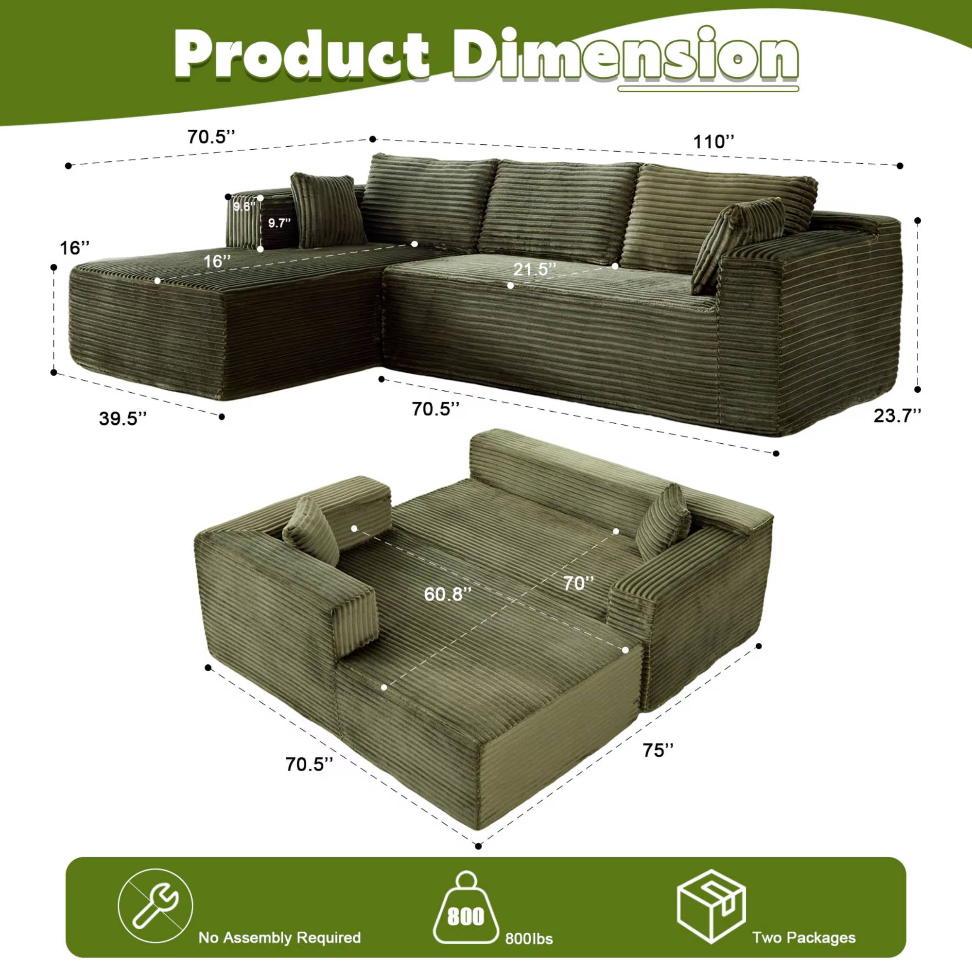 110" Cloud Sectional Couch with Chaise,Modern L-Shape Modular Sofa Corduroy Sleeper Couches for Living Room, Green