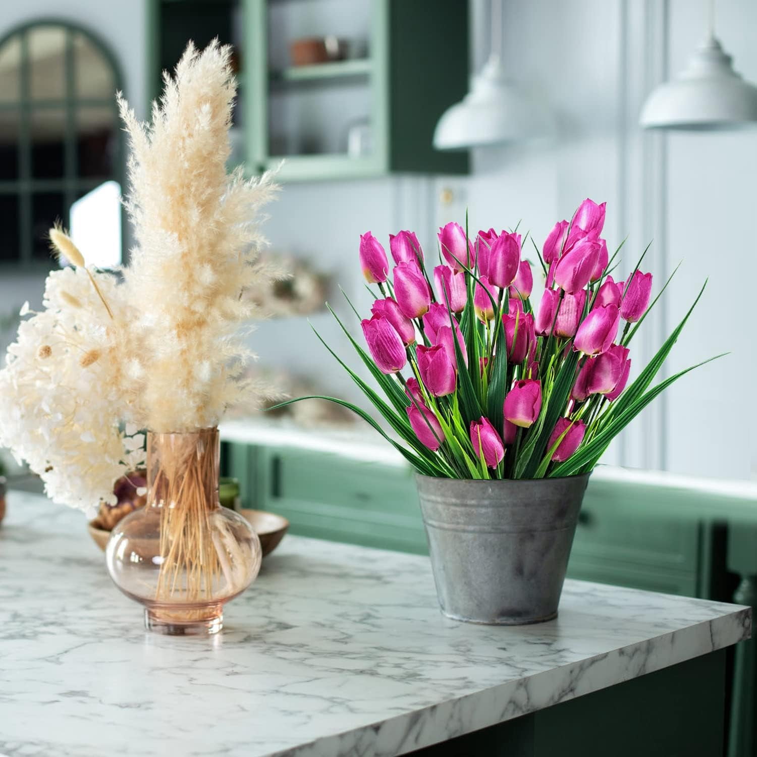Morttic 8 Pcs Tulips Artificial Flowers for Outdoors, Fake Plants Faux Plastic Silk Floral Arrangement for Home Indoor Outside Table Vase Garden Spring Decor