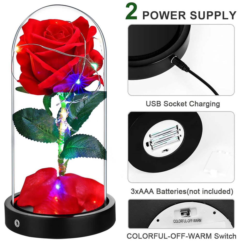 Rosnek Artificial Forever Rose Rose String Flower Gift Night Battery LED Base, USB Galaxy with Decorative Light Powered & Light Glass In On Wooden Dome