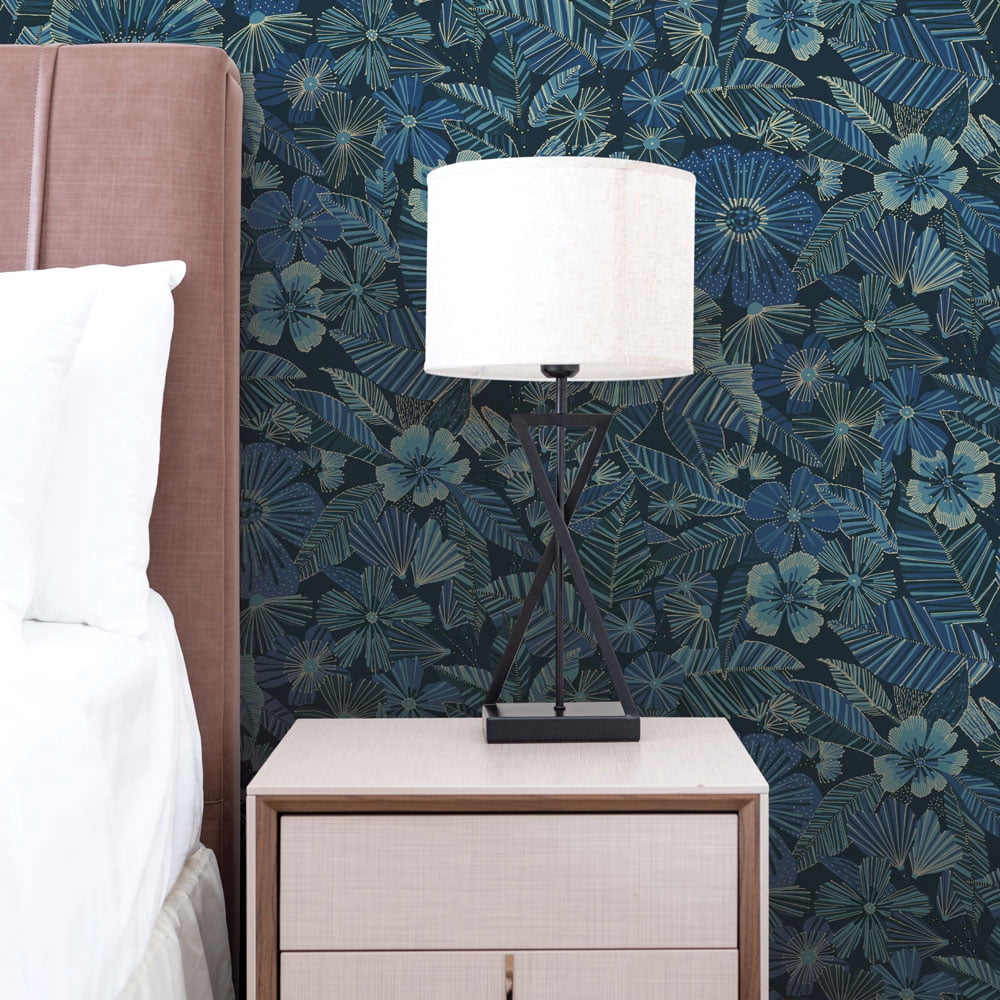 Tempaper Metallic Bloom Blue Peel and Stick Wallpaper, 20.5" x 16.5'