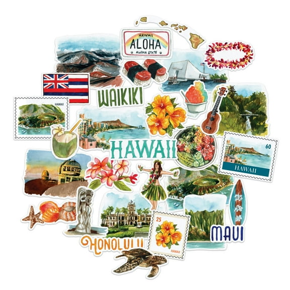Navy Peony Exotic Hawaii State Travel Stickers (31 Pieces) - For Scrapbooking, Journals
