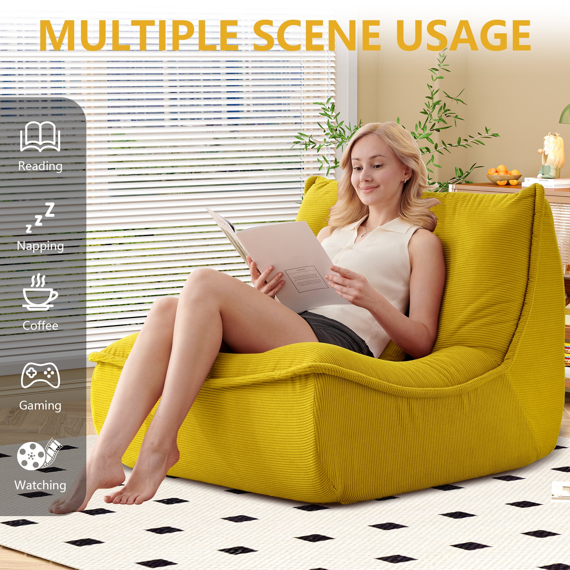 NBLDGT Bean Bag Chair for Adults, Single Lounge Chair with Lumbar Pillow, Comfy Floor Sofa with High-Resilience Foam, Lazy Accent Chair for Living Room, Bedroom, Apartment, Or Reading Corner, Yellow