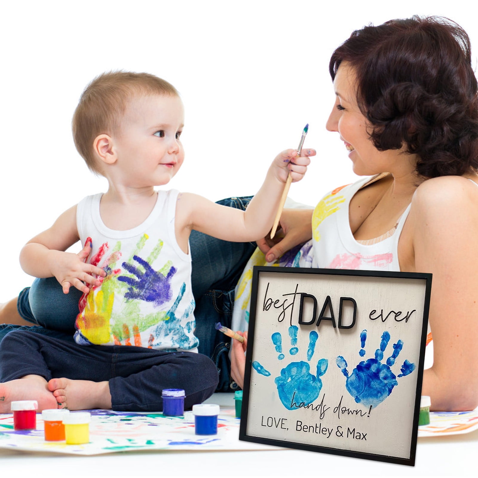 Personalized Best Dad/Daddy Ever Hands Down Sign Gift, Fathers Day Wooden DIY Handprint Art Craft Gifts, Kid Handprint Gift, Personalized Fathers Day Gifts for Daddy,Dad,Papa,Grandpa, Birthday Gifts