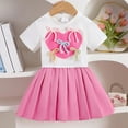 thumbnail image 2 of Fesfesfes 4-8 Years Girls' Fashion Sweet Round Neck Bow Love T-Shirt Top Cute Print Skirt Set Casual Summer(Pink,7-8 Years), 2 of 9
