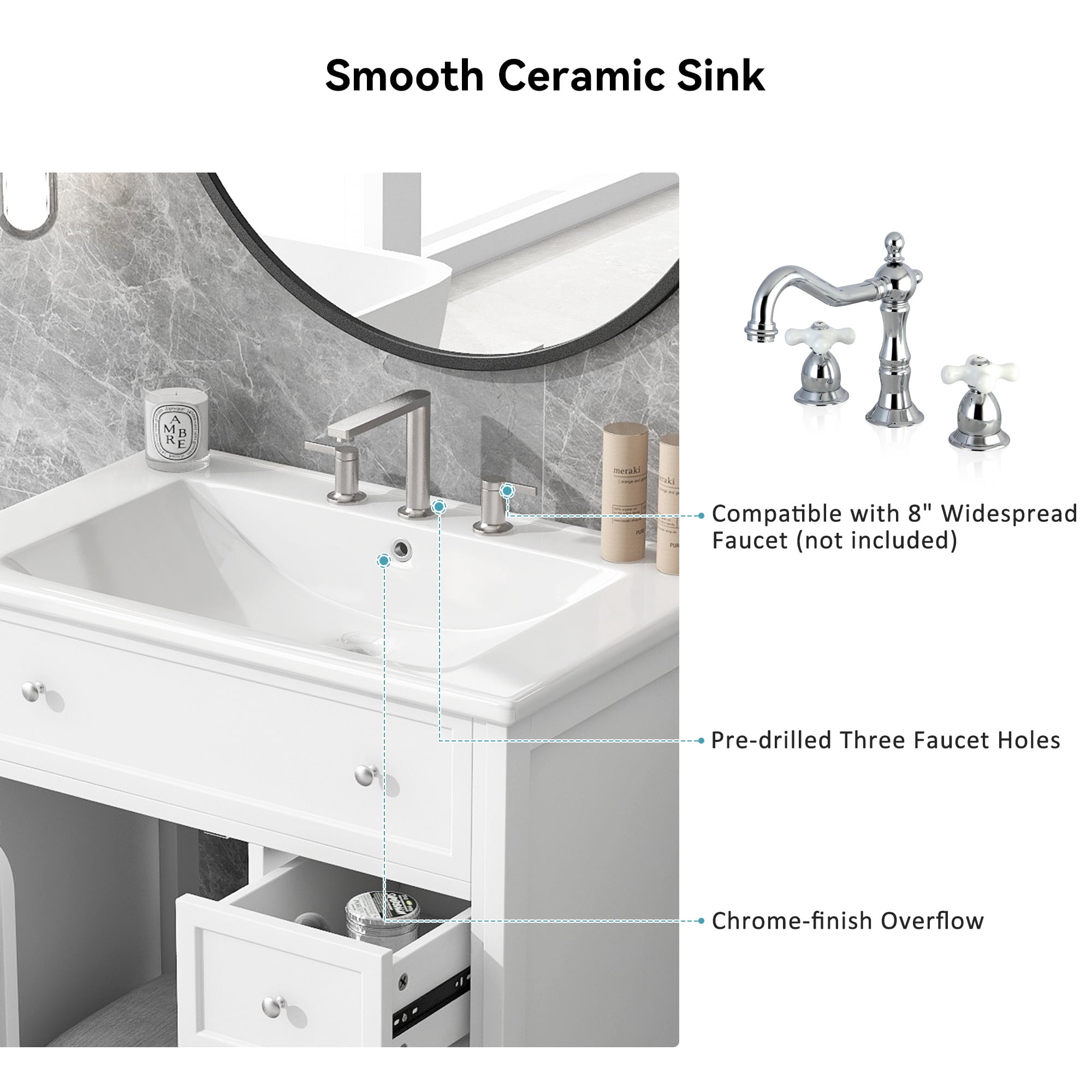 Euroco 24'' Bathroom Vanity with Ceramic Sink, Door Shelf, 2 Drawers and 1 Cabinet, Painted Finish, Solid Wood & MDF