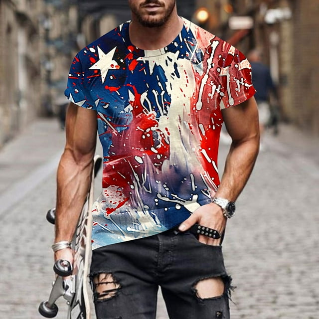 Blusas y camisas de manga corta y cuello redondo para hombre. Blusas de manga corta con cuello redondo y estampado del Día de la Independencia para hombre. Blusa para hombre.