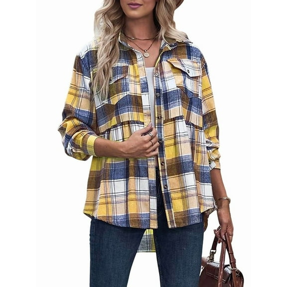 Women'S Plaid Shirts Long Sleeves Button Down Peplum Babydoll Jacket Oversized Casual Pocket Blouses Tops Yellow S