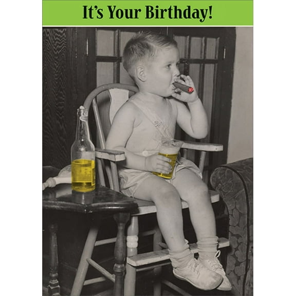 RSVP Boy in High Chair Smoking Cigar Holding Glass of Booze Funny / Humorous Masculine Birthday Card for Him : Man : Men
