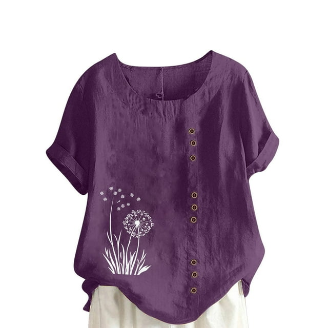 LMKIHUSA Hauts en Lin et Coton pour Femmes, Col Rond, Boutons, Tunique à Imprimé Floral Boho, Manches Courtes Retroussables, Blouses Violettes, m