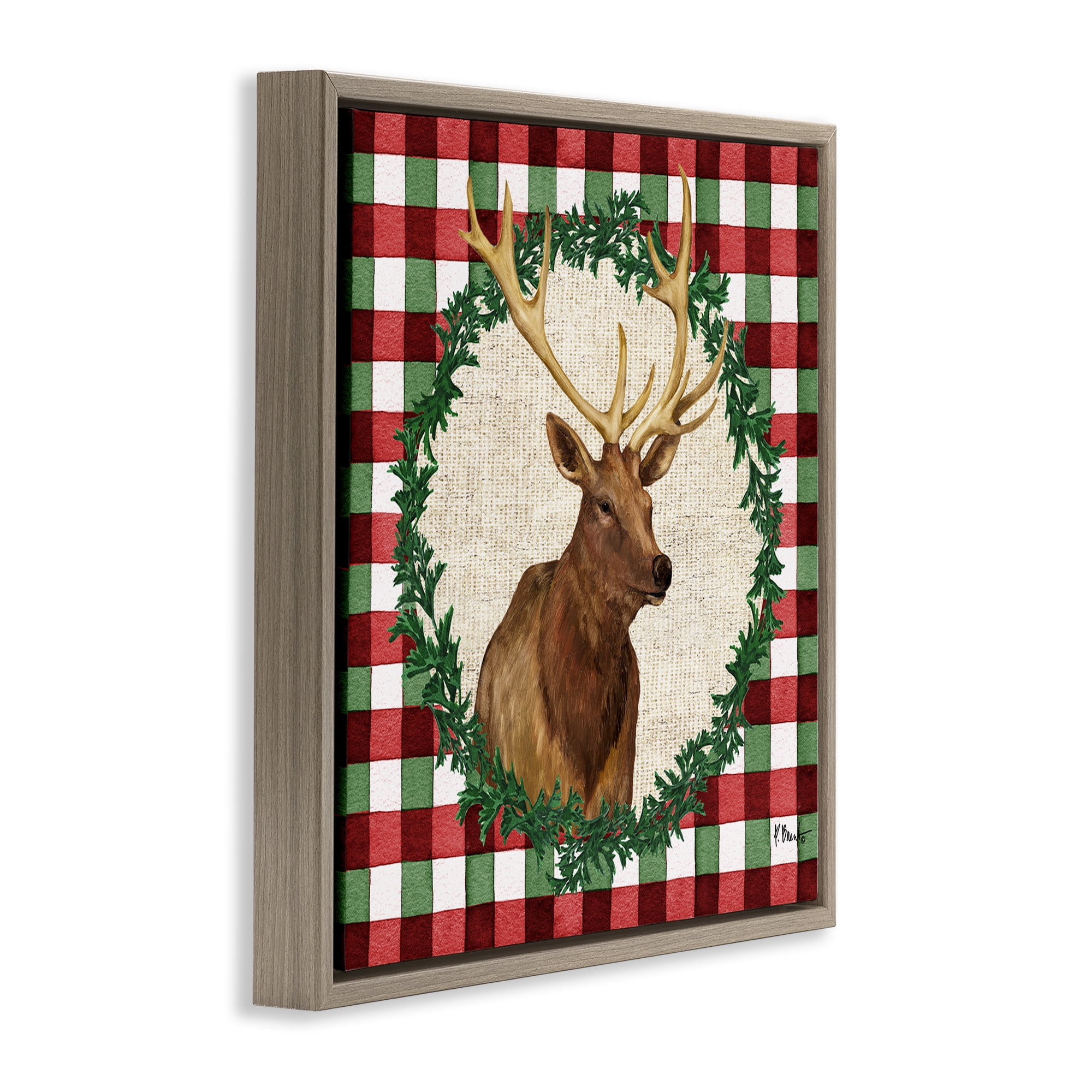 Stupell Industries Plaid Holiday Elk Holiday Painting Brown Floater Framed Canvas Art Print Wall Art, 25 x 25