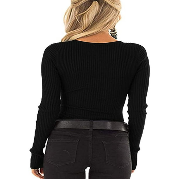 Women's Long Sleeve Henley T Shirts Button Down Slim Fit Tops