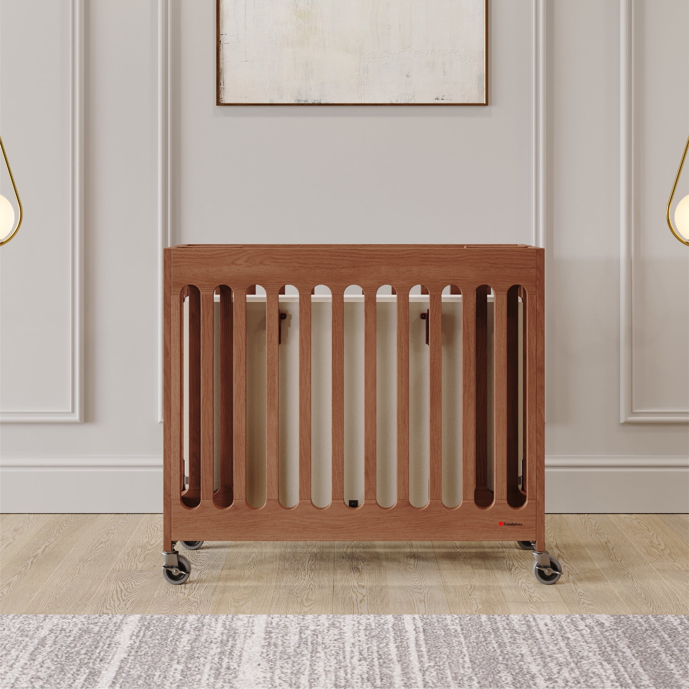 Foundations Boutique Compact Folding Hotel Crib with 3" Mattress and Locking Wheels, Cherry