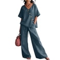 thumbnail image 2 of Women's 2 Piece Cotton Linen Set, V-Neck Short Sleeve Button Top & Drawstring Wide Leg Pants, Casual Summer Loungewear Outfit with Pockets, Loose Fit,Blue,XL, 2 of 5