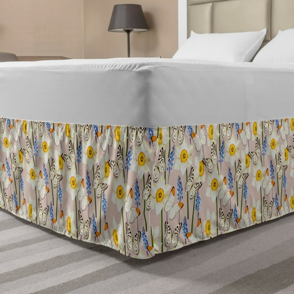 Floral Bed Skirt, Jolly Nature Spring Revival Daffodil Muscari Butterfly Rhythmic Print, Elastic Bedskirt Dust Ruffle Wrap Around for Bedding Decor, 4 Sizes, Pale Salmon Multicolor, by Ambesonne