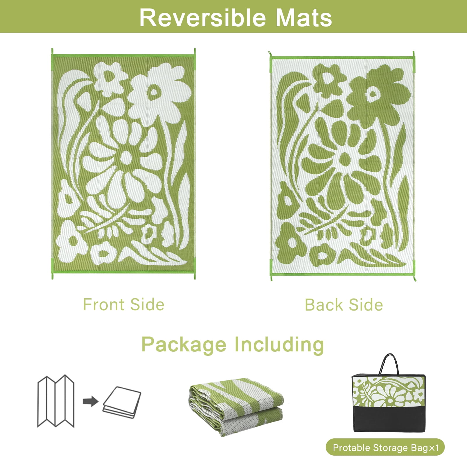 Lahome Waterproof & Reversible Outdoor Rug 4'x6', Green Abstract Floral RV Camping Mat - Portable Plastic Straw Picnic Carpet for Garden Beach Deck Balcony (Green, 4'x6')