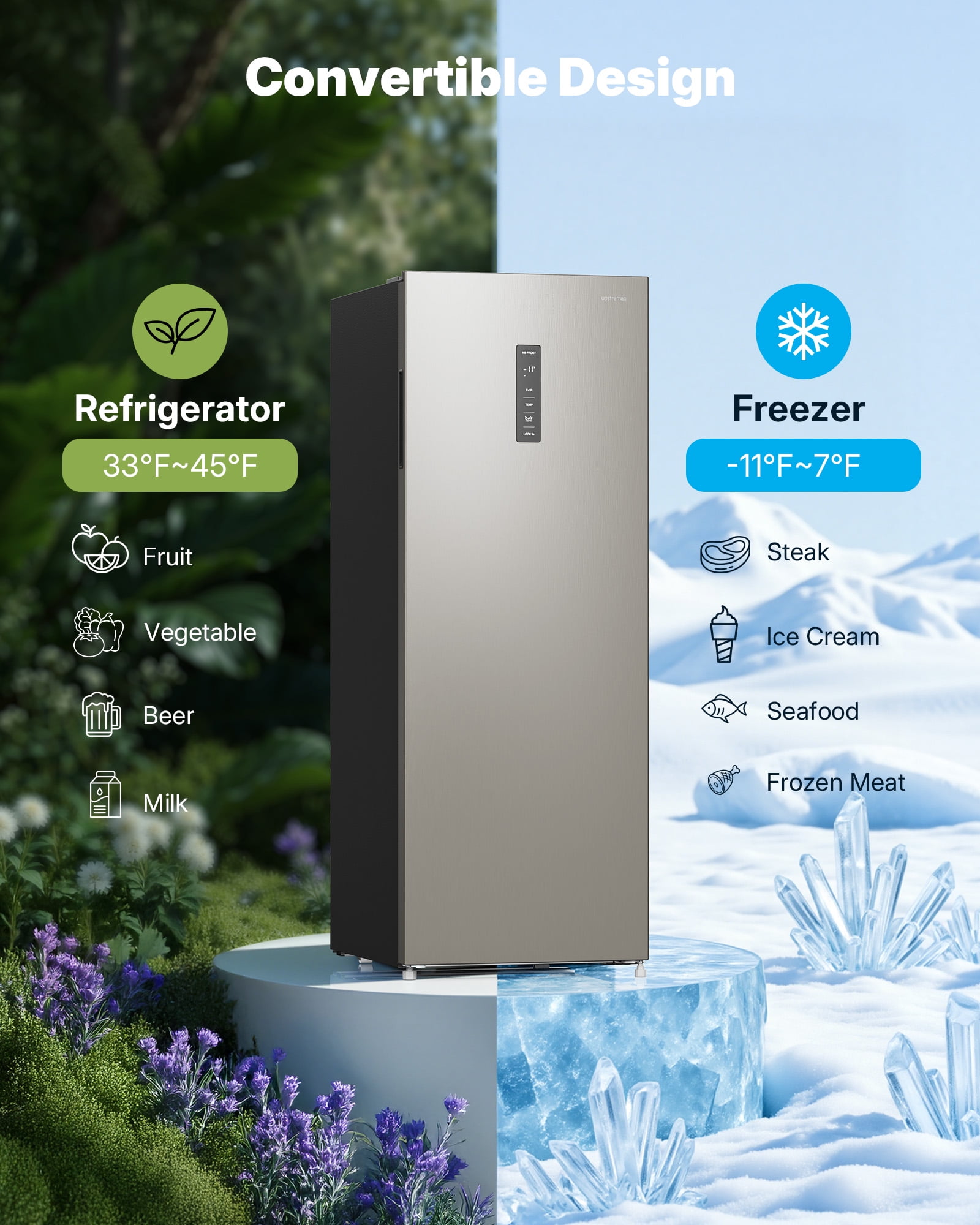 Upstreman 10.8 Cu.Ft. Convertible Freezer Refrigerator, Upright Freezer Fridge with Electronic Control, Frost Free, Stainless Steel, UP11